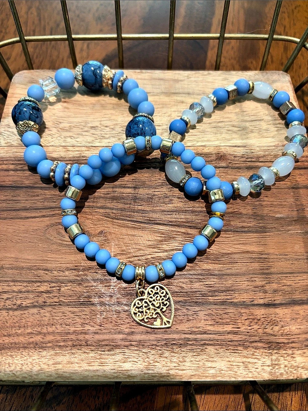 Blue/Gold Beaded Bracelet Set with Heart Pendant